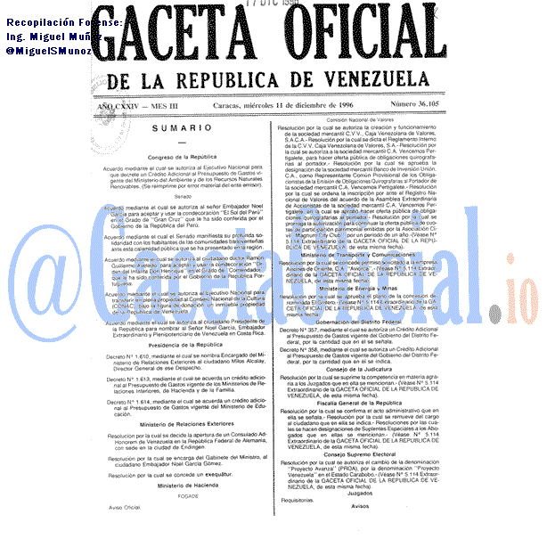 Gaceta Oficial 36105 del 11 Diciembre 1996
