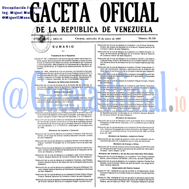 Gaceta Oficial 36126 del 15 Enero 1997