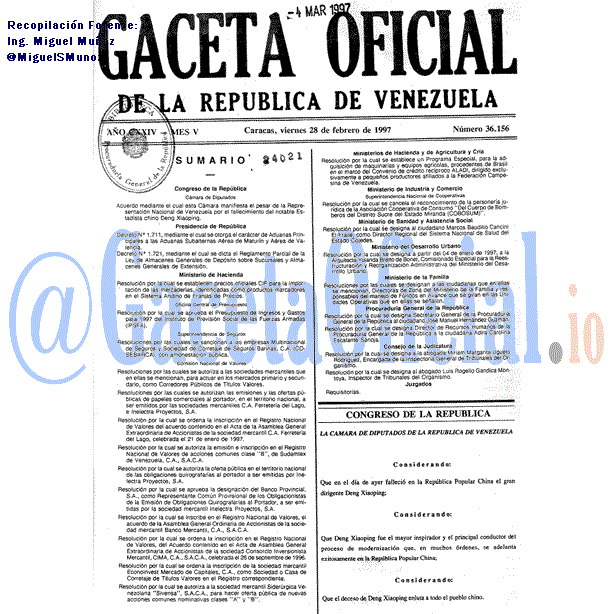 Gaceta Oficial 36156 del 28 Febrero 1997