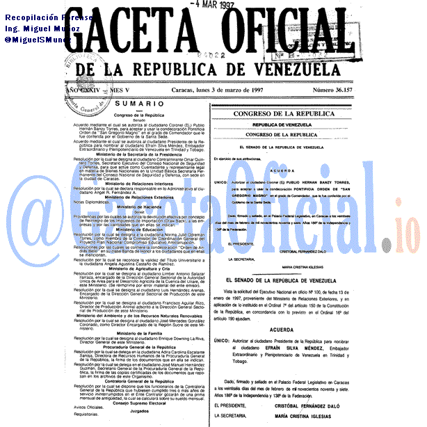 Gaceta Oficial 36157 del 3 Marzo 1997