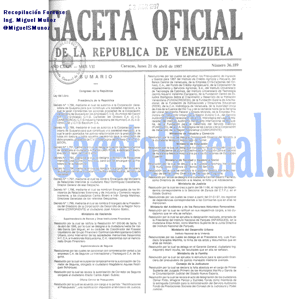 Gaceta Oficial 36189 del 21 Abril 1997