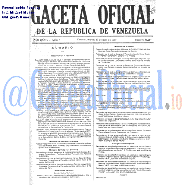 Gaceta Oficial 36257 del 29 Julio 1997
