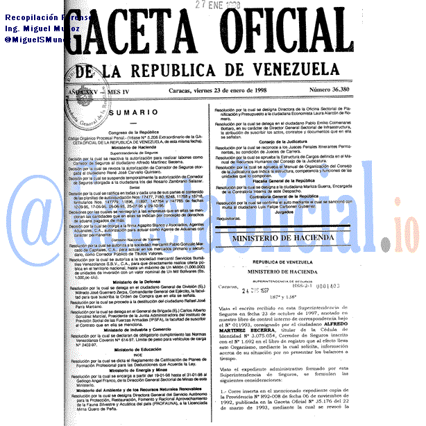 Gaceta Oficial 36380 del 23 Enero 1998