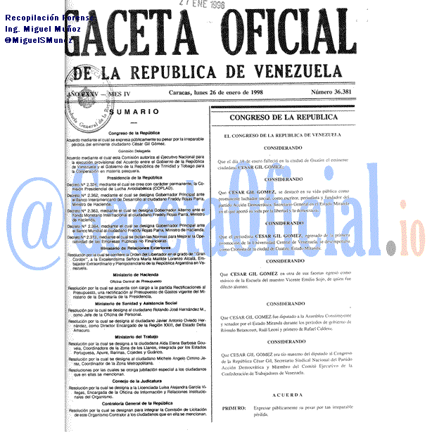 Gaceta Oficial 36381 del 26 Enero 1998