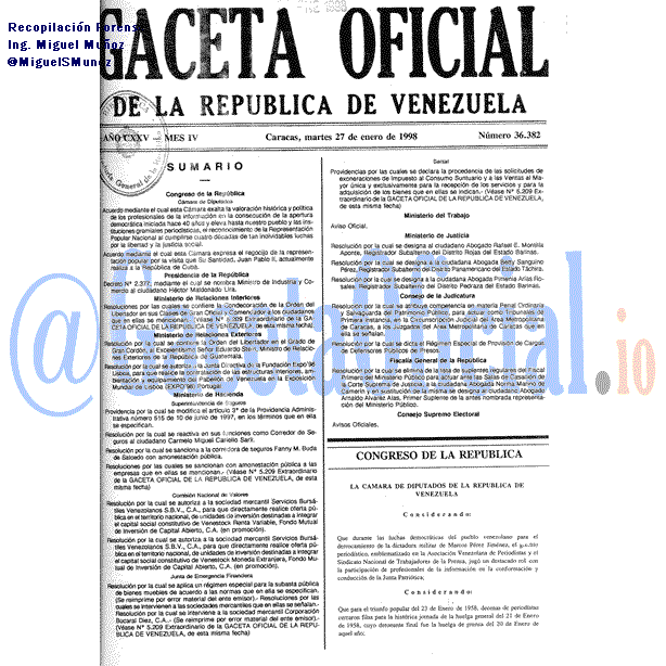 Gaceta Oficial 36382 del 27 Enero 1998