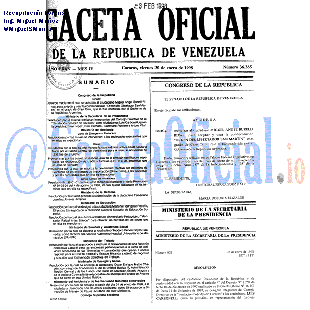Gaceta Oficial 36385 del 30 Enero 1998