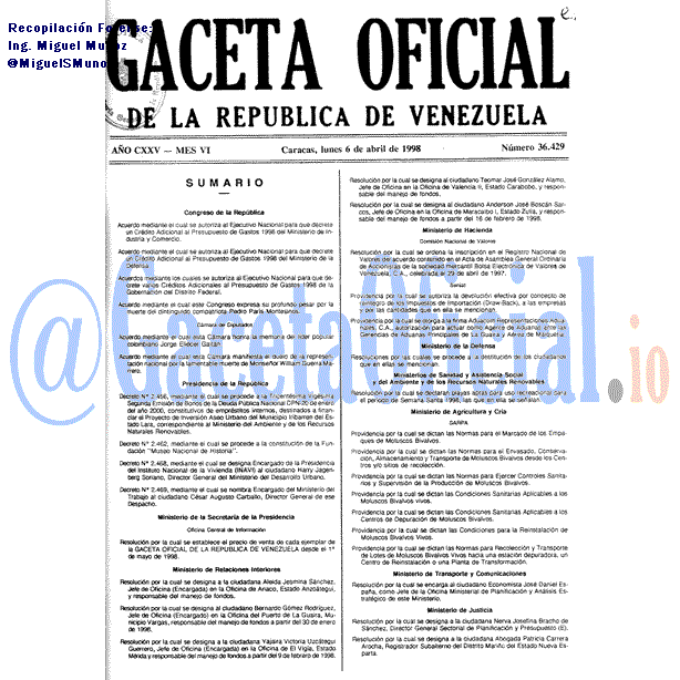 Gaceta Oficial 36429 del 6 Abril 1998