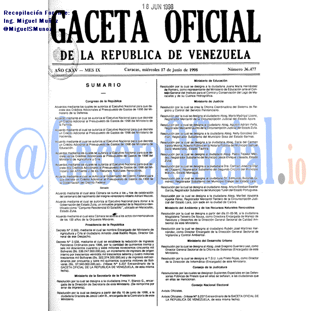Gaceta Oficial 36477 del 17 Junio 1998