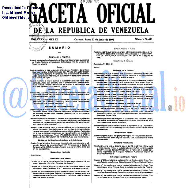 Gaceta Oficial 36480 del 22 Junio 1998