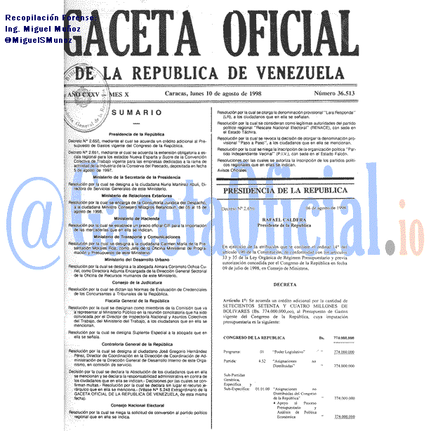 Gaceta Oficial 36513 del 10 Agosto 1998