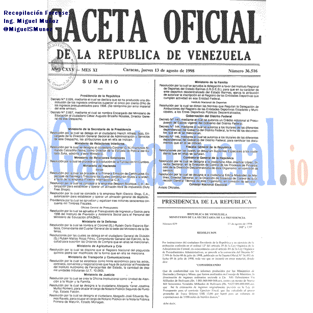 Gaceta Oficial 36516 del 13 Agosto 1998