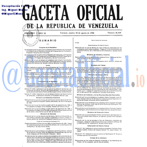 Gaceta Oficial 36519 del 18 Agosto 1998