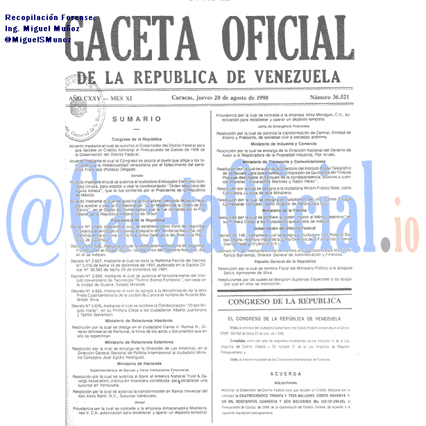 Gaceta Oficial 36521 del 20 Agosto 1998