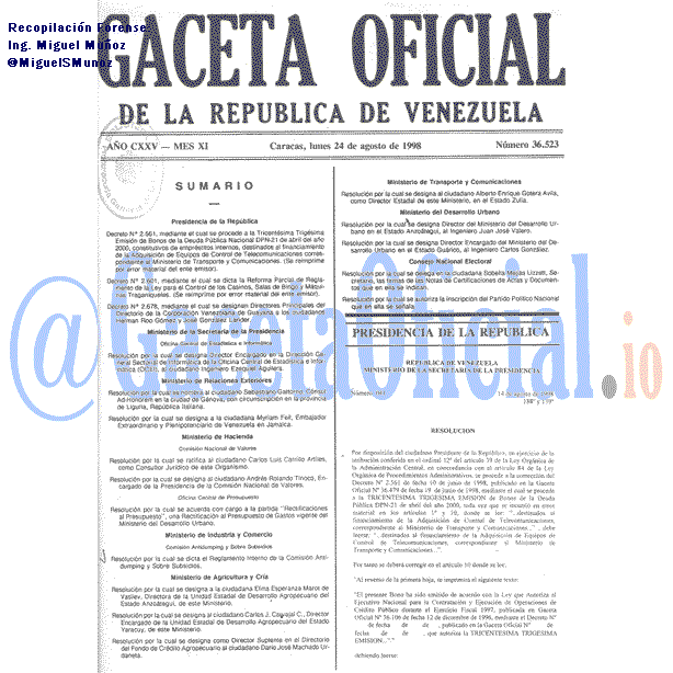 Gaceta Oficial 36523 del 24 Agosto 1998