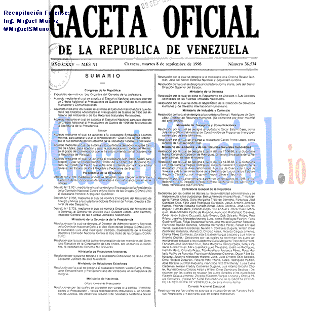 Gaceta Oficial 36534 del 8 Septiembre 1998
