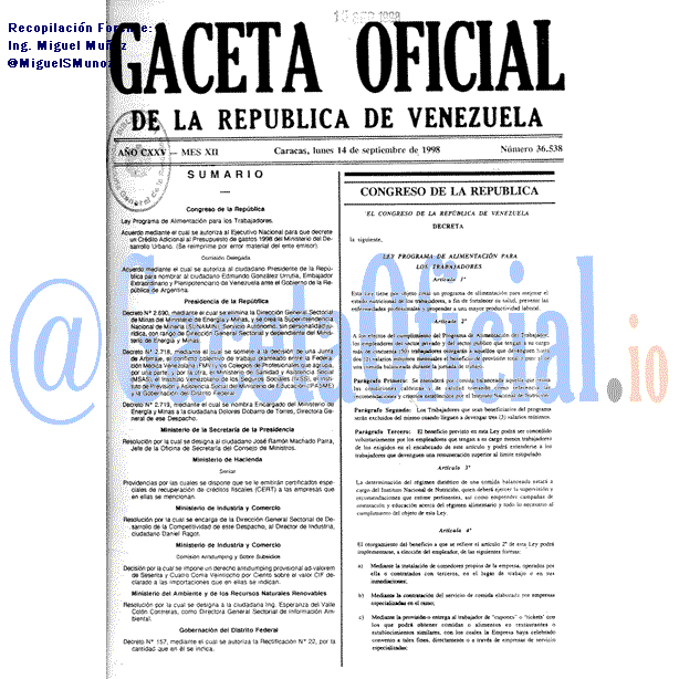 Gaceta Oficial 36538 del 14 Septiembre 1998