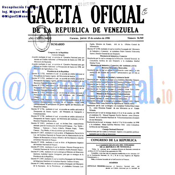 Gaceta Oficial 36560 del 15 Octubre 1998