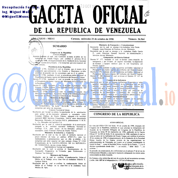 Gaceta Oficial 36564 del 21 Octubre 1998