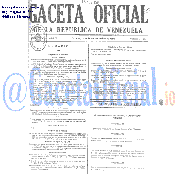Gaceta Oficial 36582 del 16 Noviembre 1998