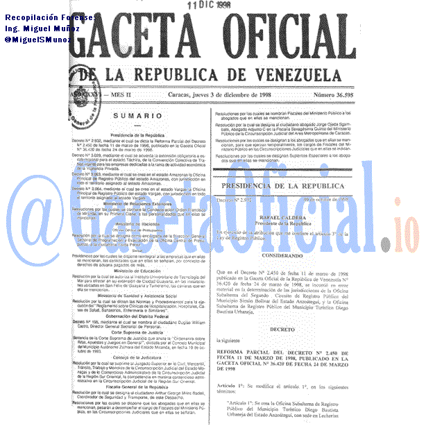 Gaceta Oficial 36595 del 3 Diciembre 1998