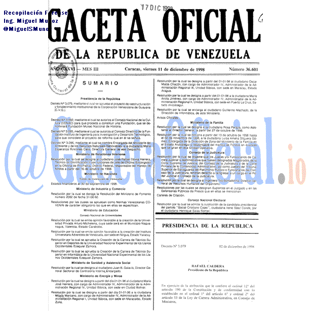 Gaceta Oficial 36601 del 11 Diciembre 1998