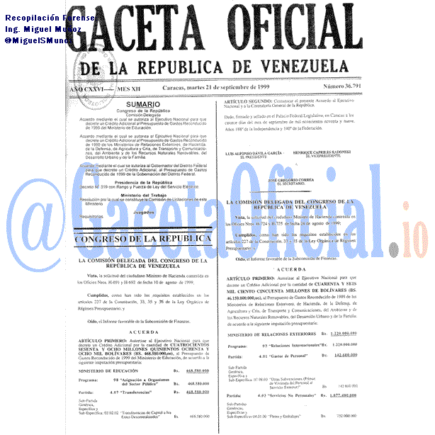 Gaceta Oficial 36791 del 21 Septiembre 1999