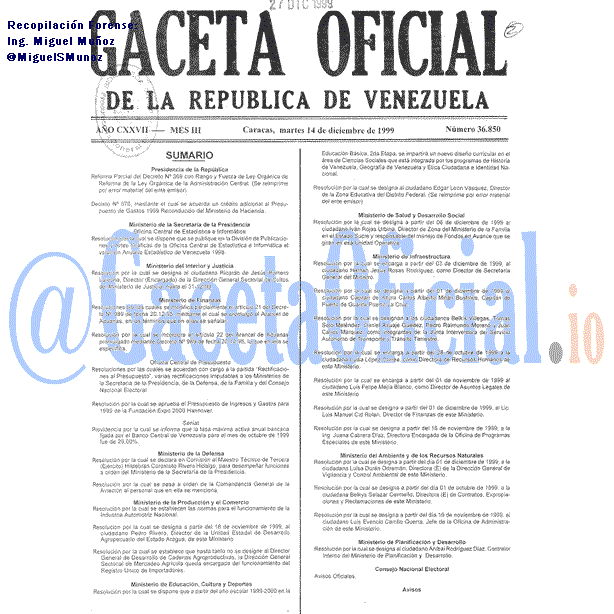 Gaceta Oficial 36850 del 14 Diciembre 1999
