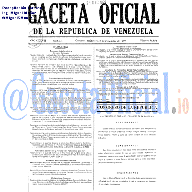 Gaceta Oficial 36851 del 15 Diciembre 1999