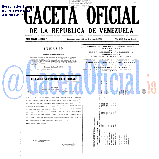 Gaceta Oficial 4165 del 20 Febrero 1990