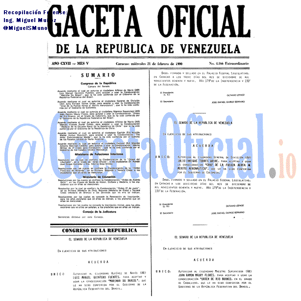 Gaceta Oficial 4166 del 21 Febrero 1990