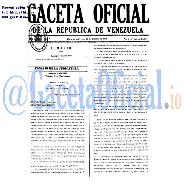 Gaceta Oficial 4167 del 21 Febrero 1990