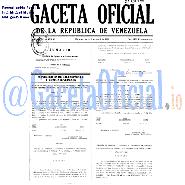 Gaceta Oficial 4177 del 5 Abril 1990