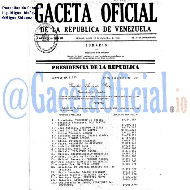 Gaceta Oficial 4349 del 19 Diciembre 1991