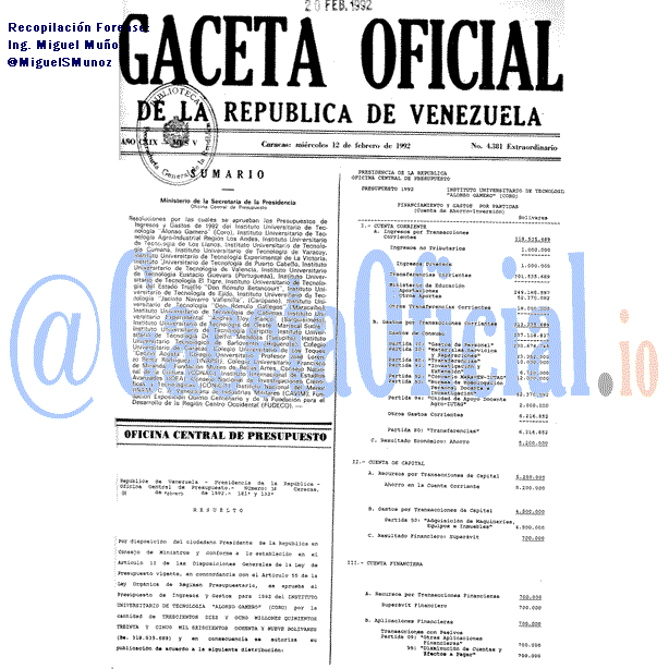 Gaceta Oficial 4381 del 12 Febrero 1992