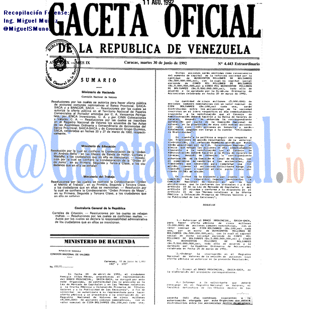Gaceta Oficial 4443 del 30 Junio 1992