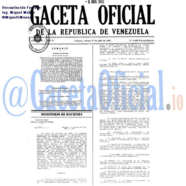 Gaceta Oficial 4449 del 17 Julio 1992