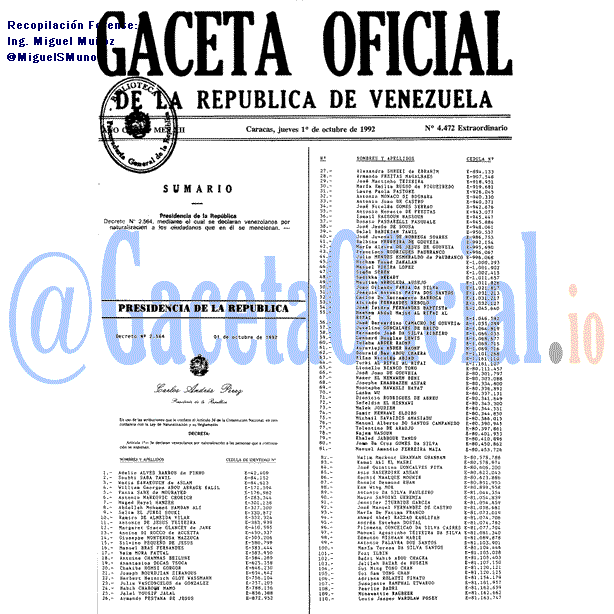 Gaceta Oficial 4472 del 1 Octubre 1992