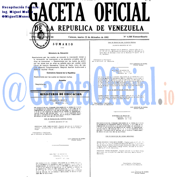 Gaceta Oficial 4505 del 22 Diciembre 1992