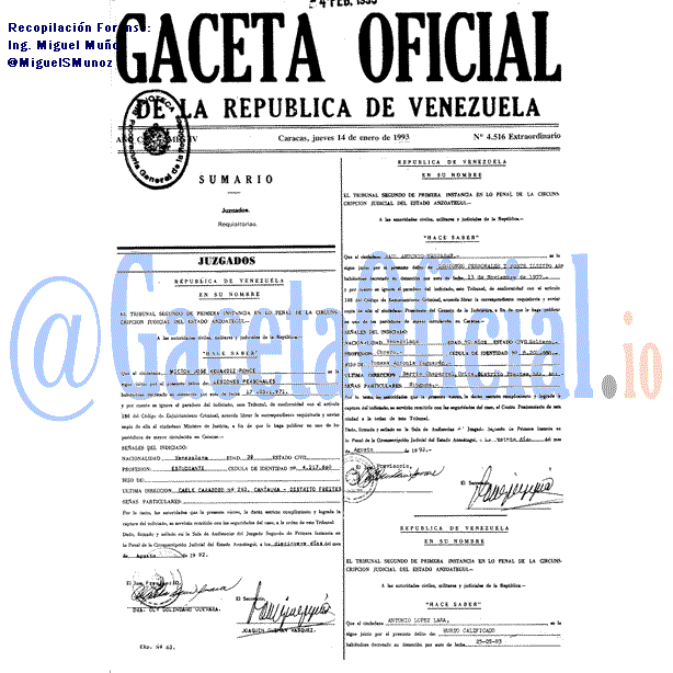 Gaceta Oficial 4516 del 14 Enero 1993