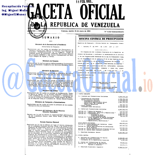 Gaceta Oficial 4523 del 26 Enero 1993