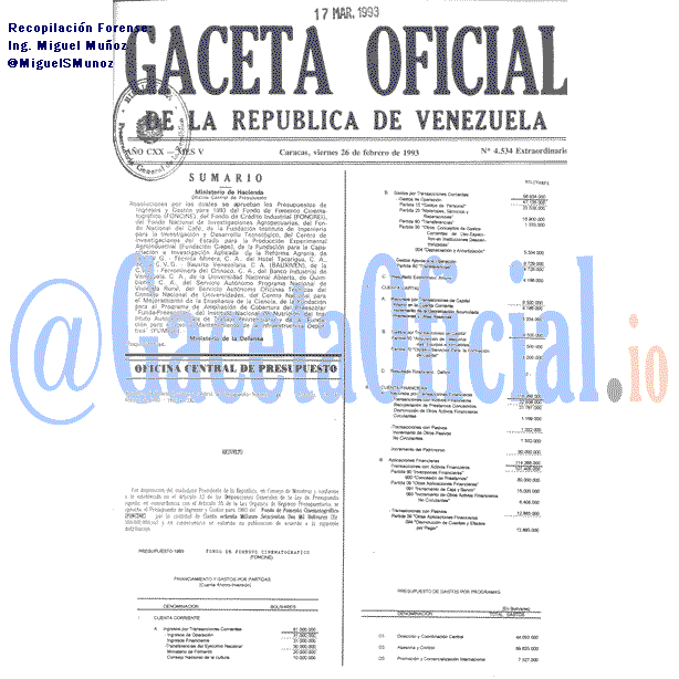 Gaceta Oficial 4534 del 26 Febrero 1993