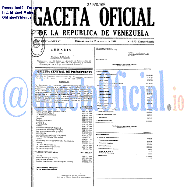 Gaceta Oficial 4704 del 15 Marzo 1994