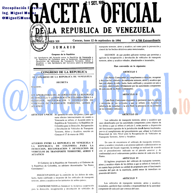 Gaceta Oficial 4780 del 12 Septiembre 1994