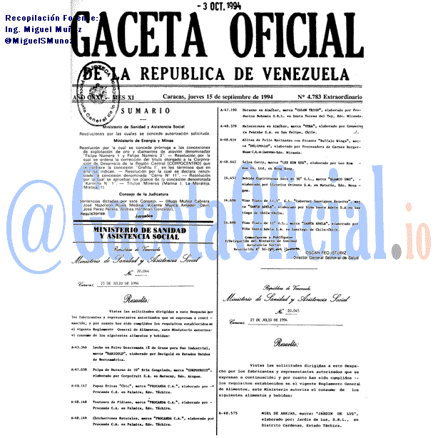 Gaceta Oficial 4783 del 15 Septiembre 1994