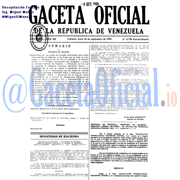 Gaceta Oficial 4790 del 26 Septiembre 1994