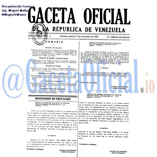 Gaceta Oficial 4800 del 1 Noviembre 1994
