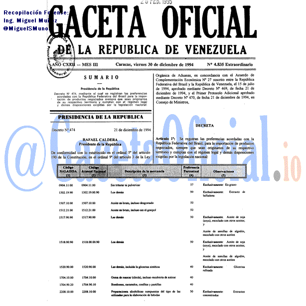 Gaceta Oficial 4835 del 30 Diciembre 1994