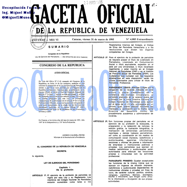 Gaceta Oficial 4883 del 31 Marzo 1995