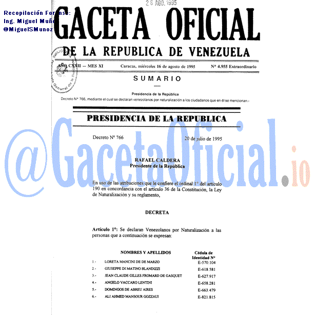 Gaceta Oficial 4955 del 16 Agosto 1995