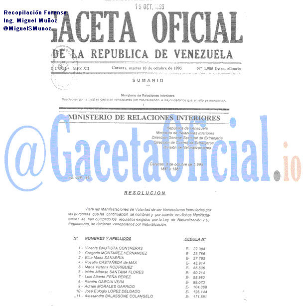 Gaceta Oficial 4985 del 10 Octubre 1995